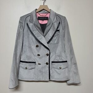 Barbara Bui Gray Bamboo Blend Double Breasted Blazer Jacket Military Style Sz 42